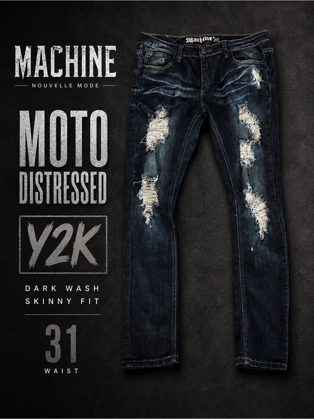 Machine Distressed Dark Blue Skinny Jeans
